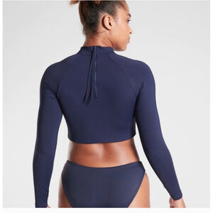 Athleta L navy dress blue North Point Cropped Rashguard longsleeve swim top UPF